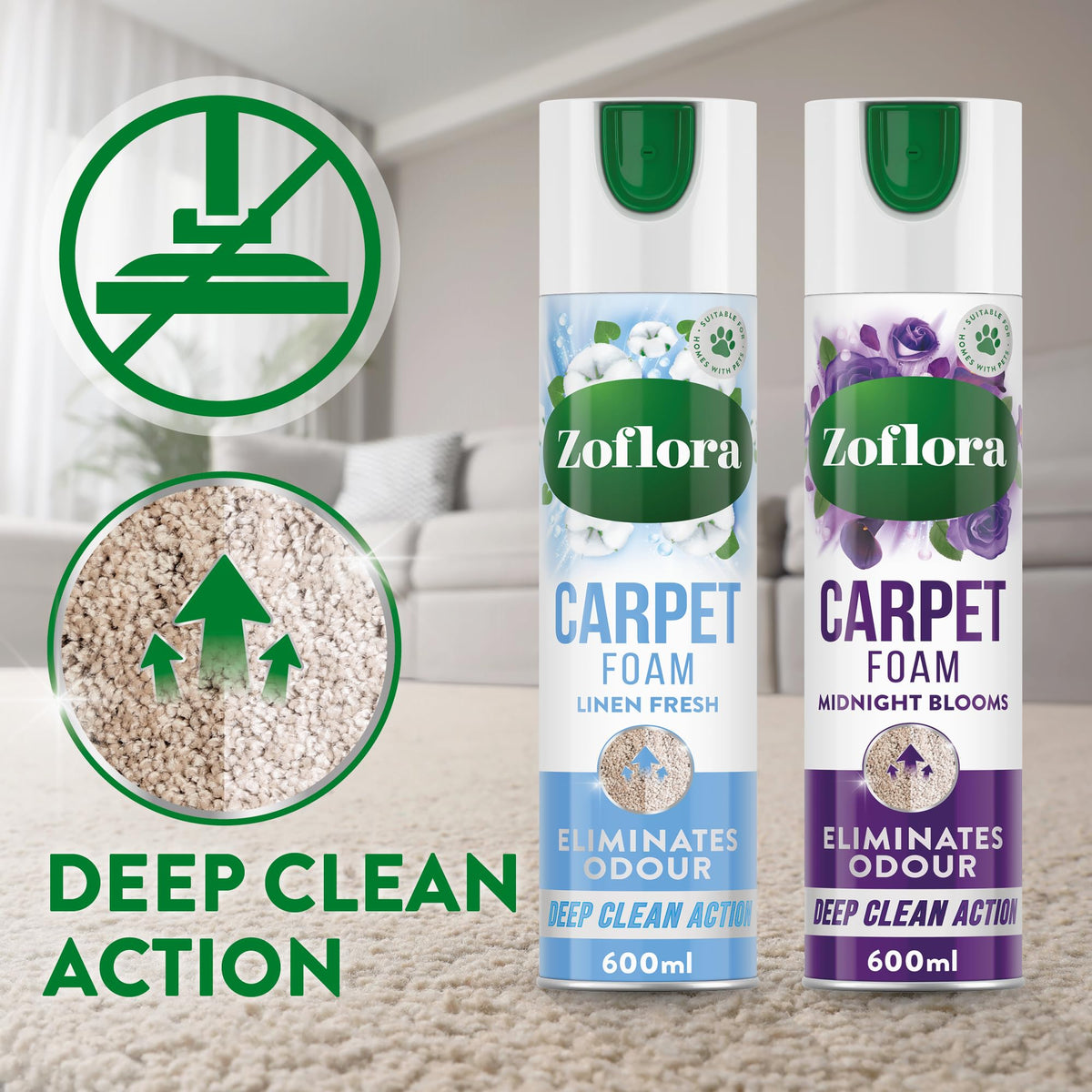 Zoflora Midnight Blooms Carpet Freshener & Care Foam - Eliminates Odours, No Vacuum Needed | 2 x 600ml 3