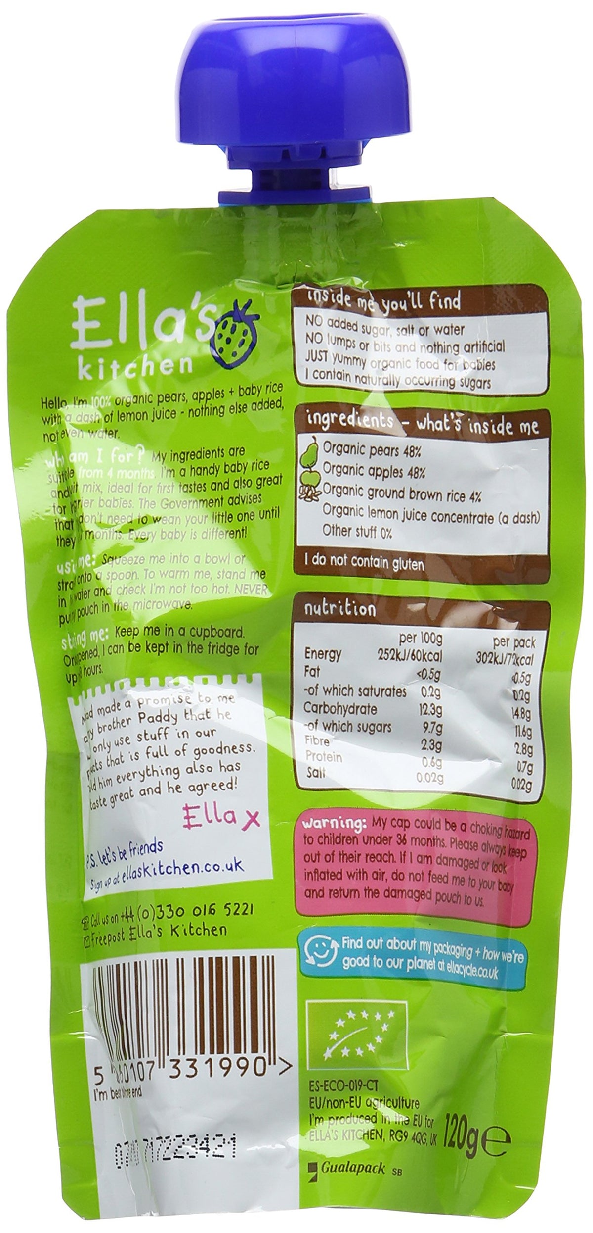 Ella's Kitchen Organic Apple and Pear Baby Rice - Suitable from 4 Months | 120g Pouches | Pack of 7
