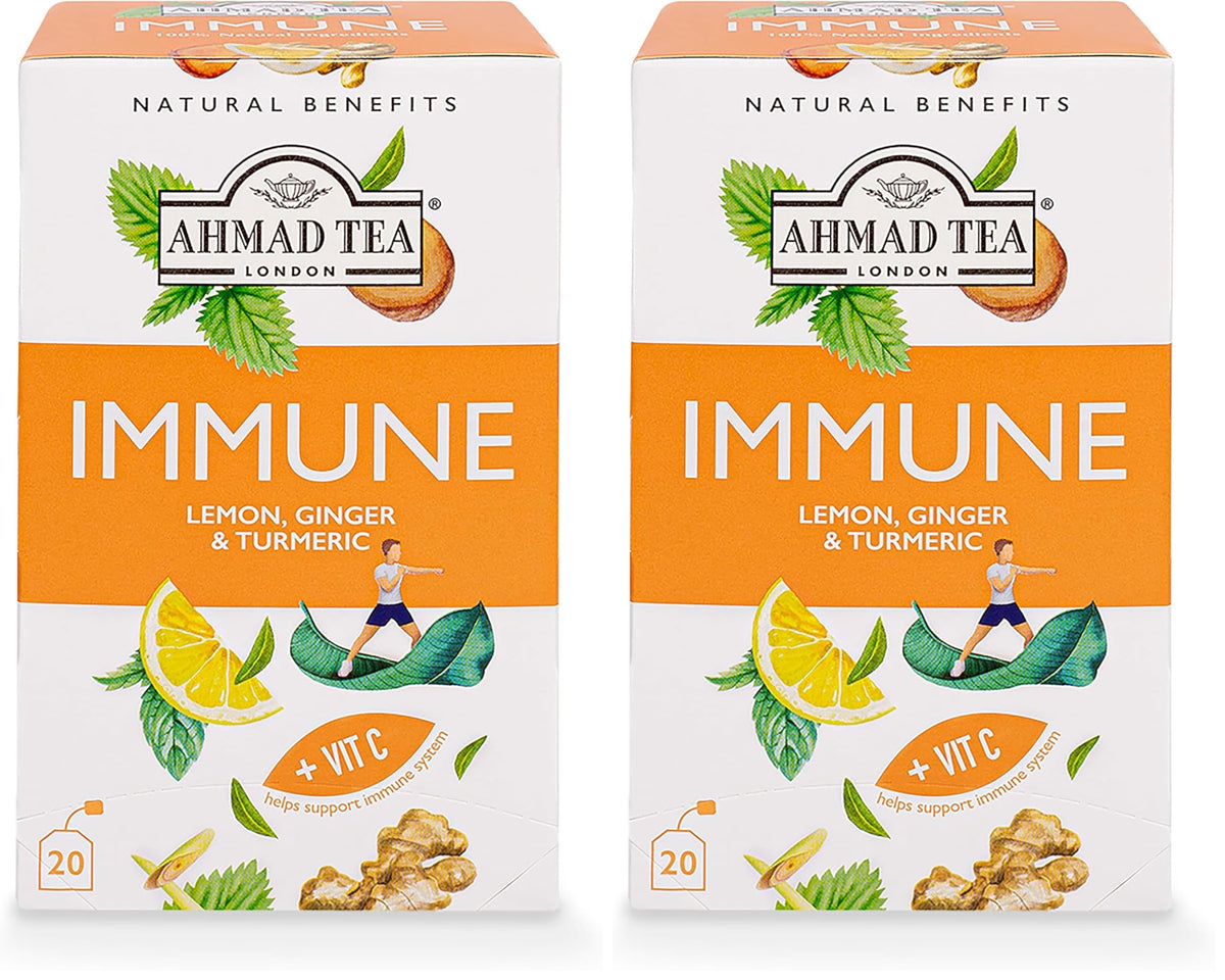 Ahmad Tea Lemon, Ginger & Turmeric 'Immune' Herbal Tea - Supports Immune System, Caffeine-Free, 20 Count (Pack of 2)