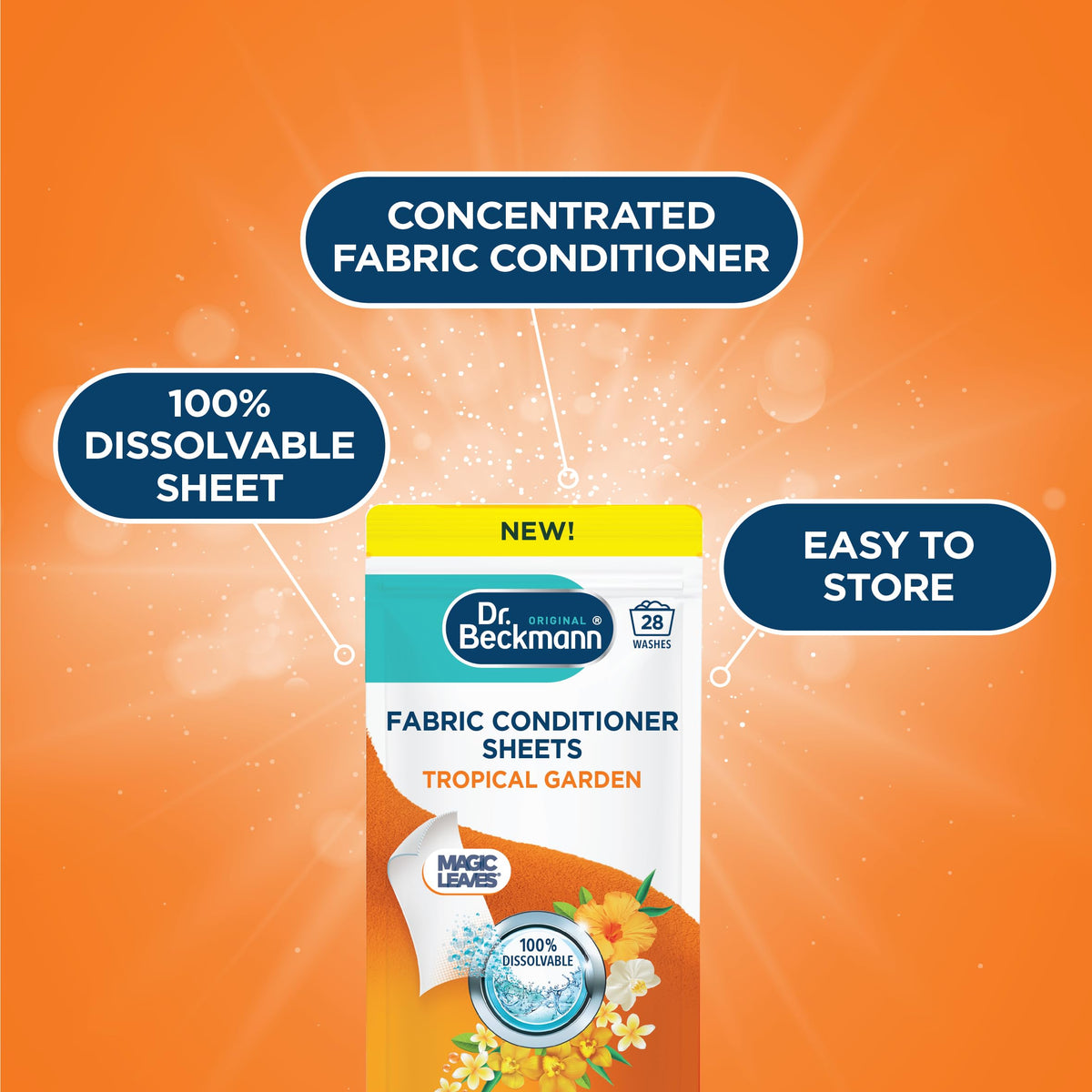 Dr. Beckmann Tropical Garden Fabric Conditioner Sheets - 7 Days Freshness | 28 Count | Dissolvable Sheet