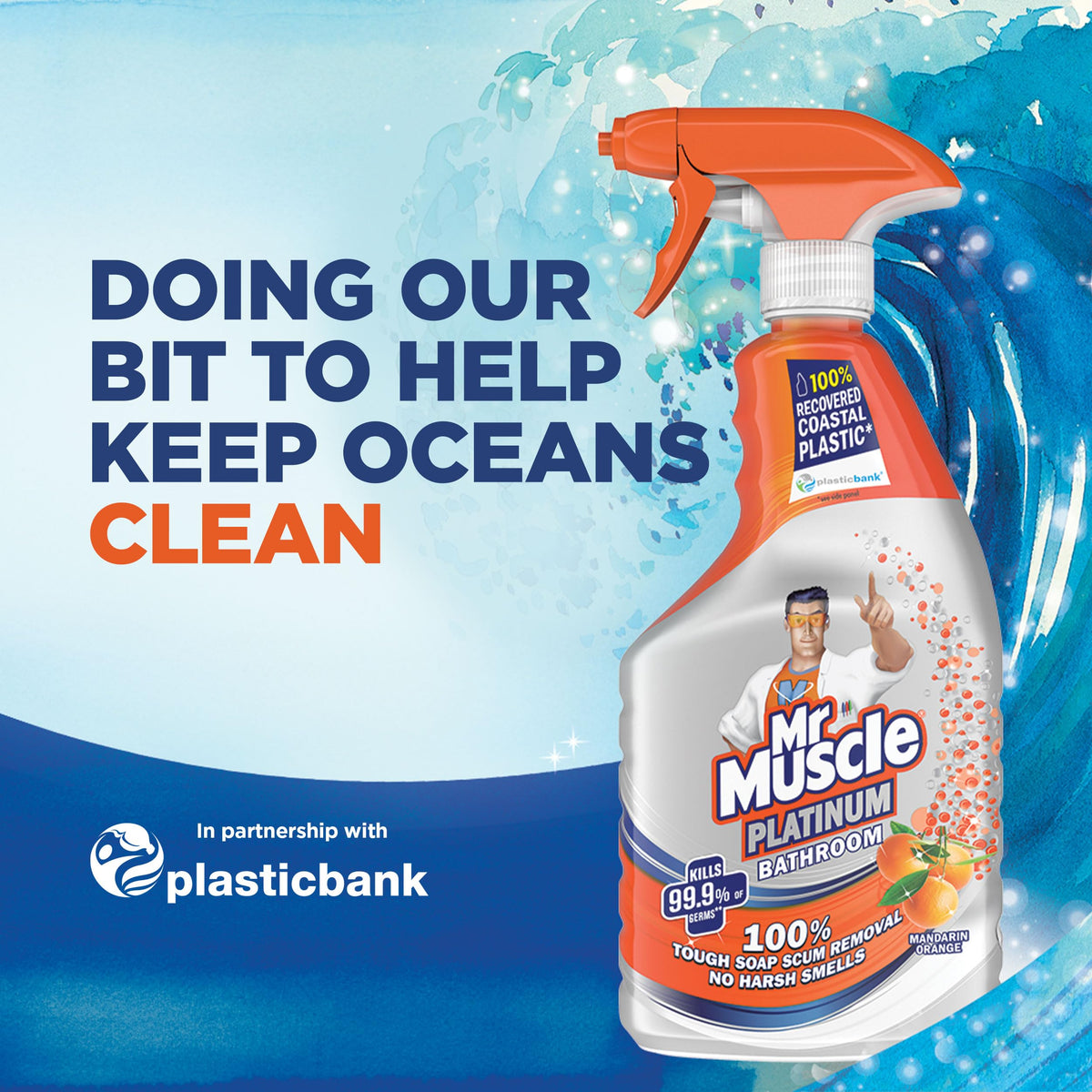 Mr Muscle Platinum Bathroom Cleaner - 100% Soap Scum Removal, Antibacterial, Mandarin Scent, 750ml