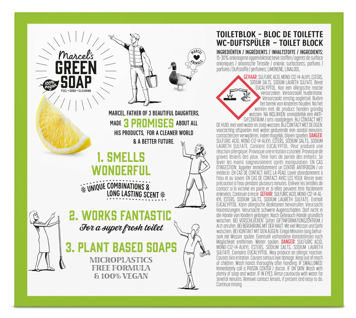Marcel's Green Soap Toilet Block Ginger & Lemon - Pack of 2 | 99% Natural Ingredients | Prevents Limescale