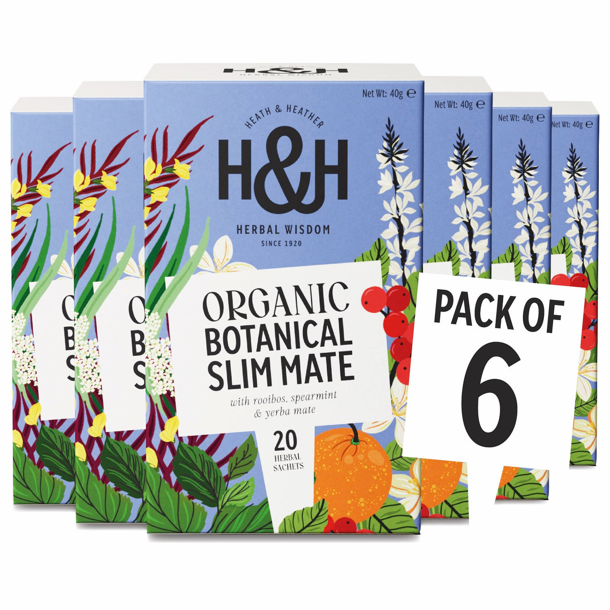Heath & Heather Organic Slim Mate Herbal Tea - Metabolism & Energy Boost | 20 Count (Pack of 6) | Gluten Free