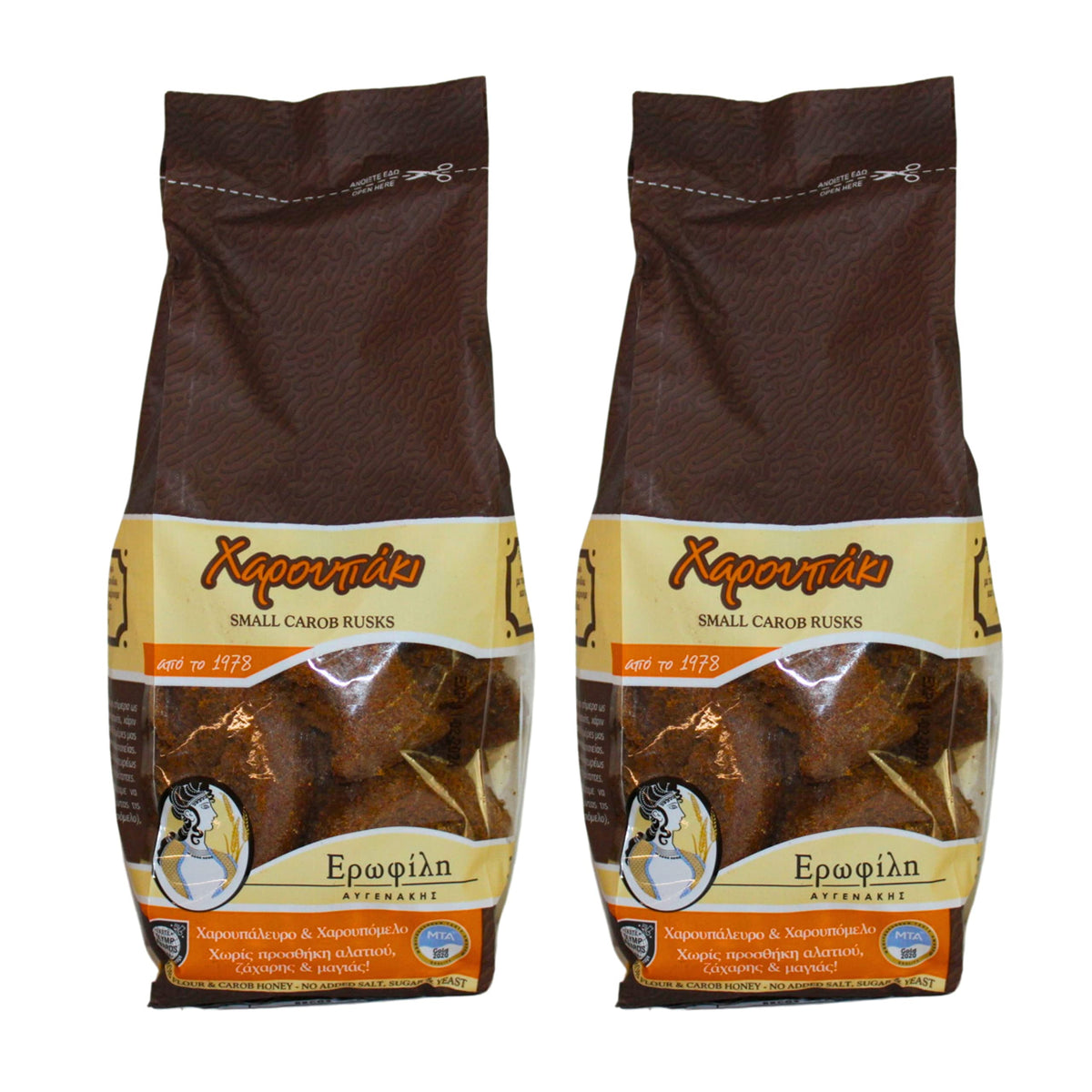 Erofili Small Carob Rusks - 600g Pack (2x300g) | Authentic Cretan Recipe | No Added Salt, Sugar, or Yeast