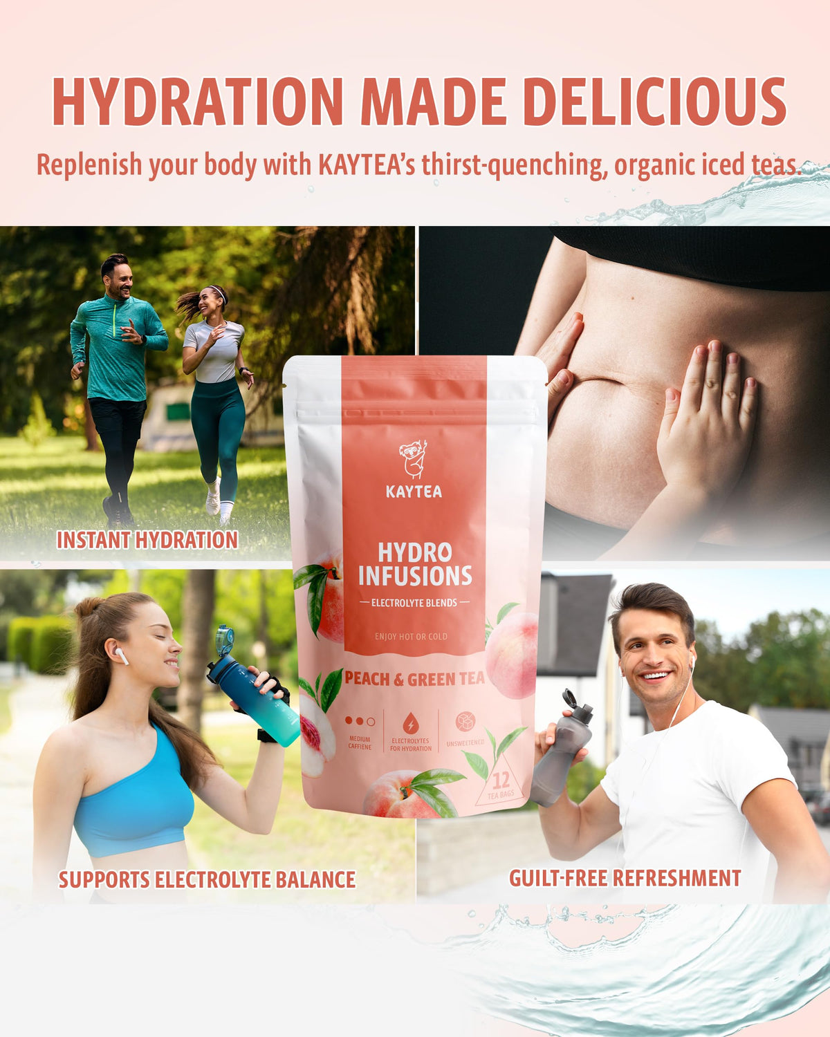 KAYTEA Peach & Green Herbal Fruit Tea - 12 Hydro Infusion Tea Bags | Zero Calorie, Sugar-Free, Hydrating 5