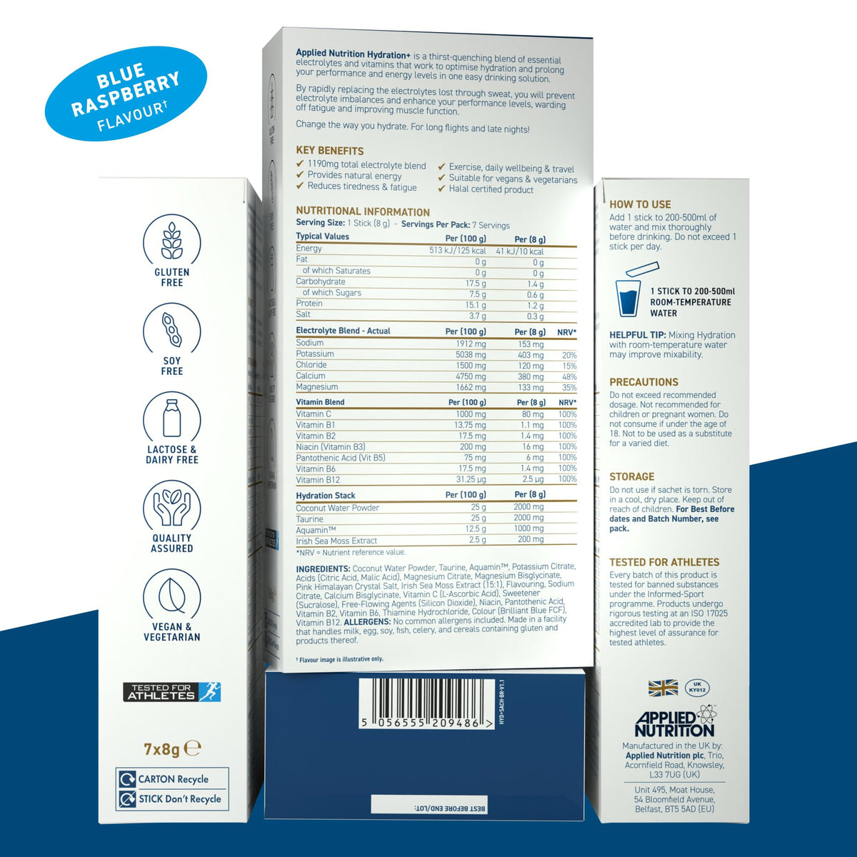 Applied Nutrition Hydration+ Electrolyte & Vitamin Sticks - Rapid Hydration & Energy | 7 Servings | Blue Raspberry 8