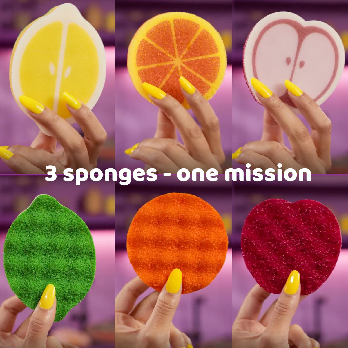 Vileda Punch Fruit-Shaped Sponge Scourers - 4 Pack (Lemon x2, Orange, Apple)