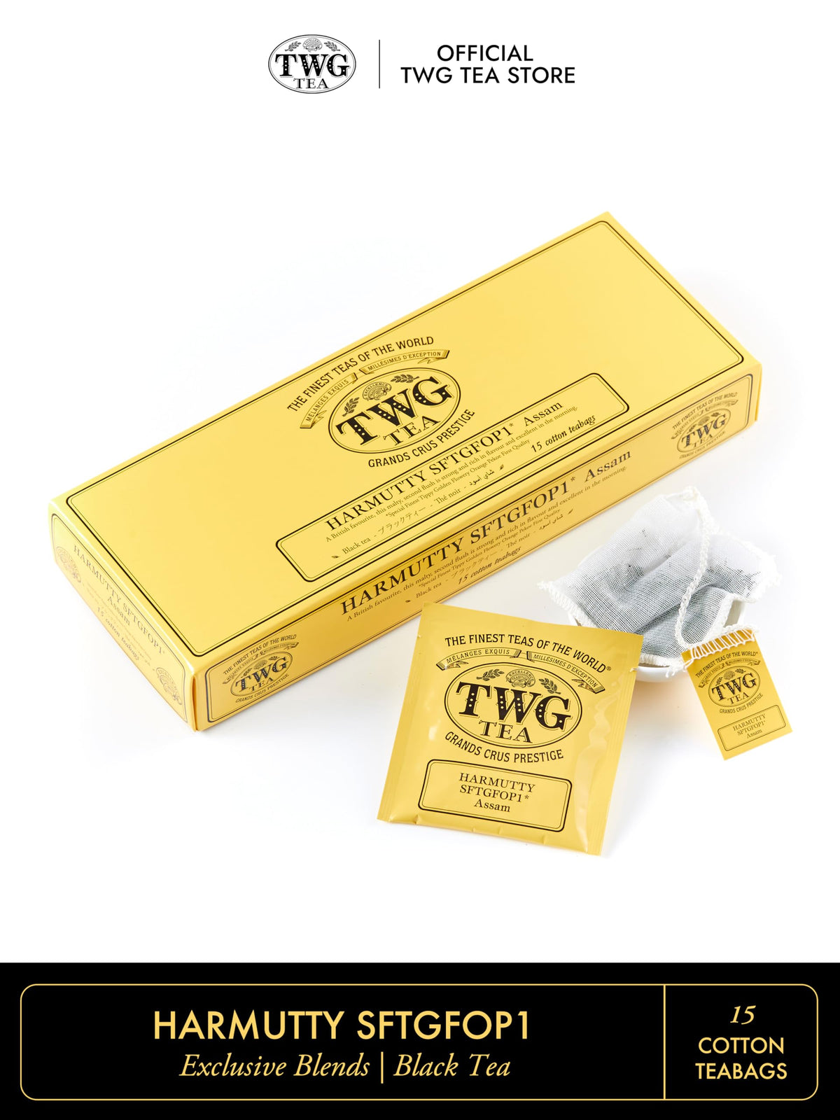 TWG Tea Harmutty SFTGFOP1 Black Tea - Single Estate Assam | 15 Hand Sewn Cotton Teabags | 40g