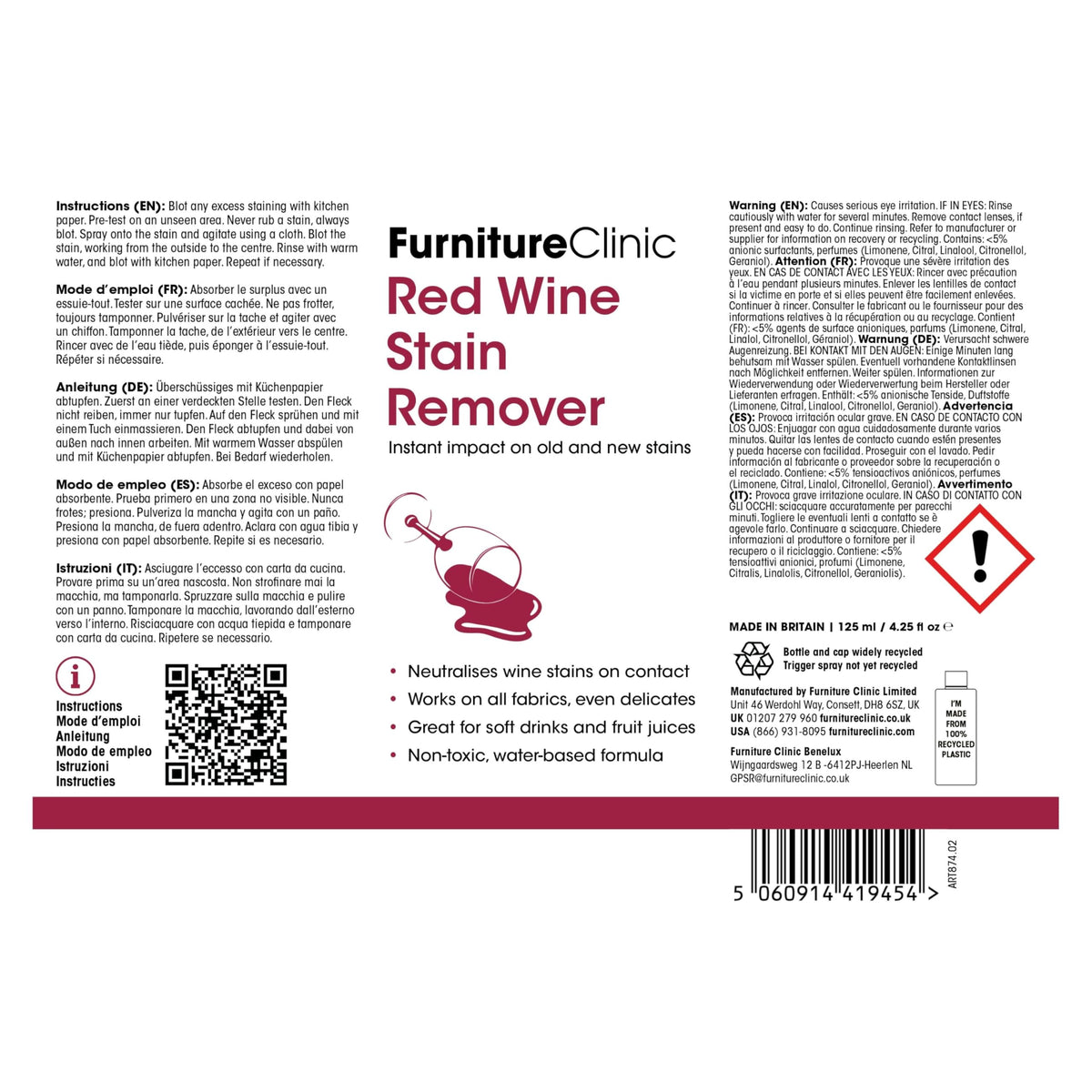 Furniture Clinic Red Wine Stain Remover - Removes Red Wine, Food & Drink Stains | 125 ml 9