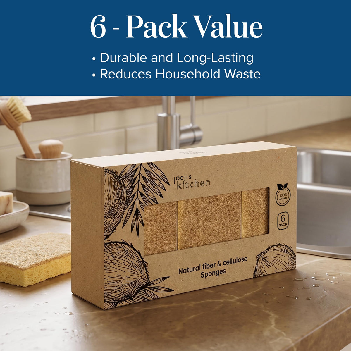 joeji's Kitchen Eco Washing Up Sponges - 6 Pack Natural Cellulose & Sisal | Reusable, Biodegradable 9