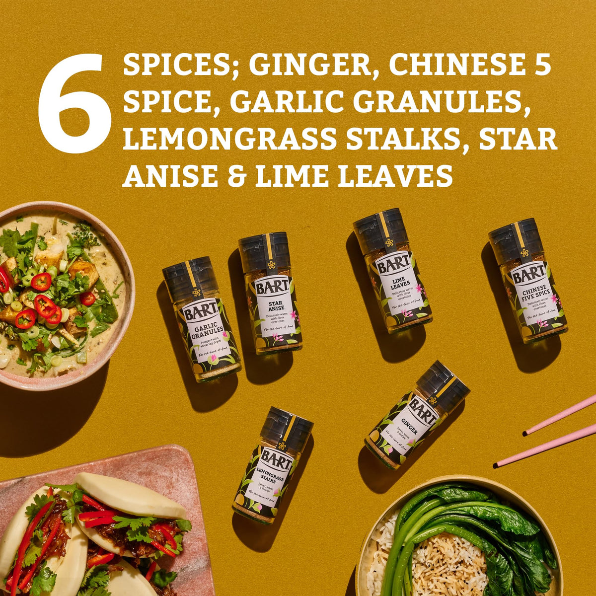 BART East Asian Herb & Spice Collection - Chinese Five Spice, Star Anise, Garlic Granules, Ginger, Lemongrass Stalks & Lime Leaves