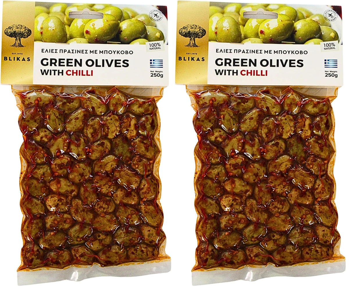 Blikas Greek Green Olives with Chilli - 2 x 250g Pack | Spicy & Marinated