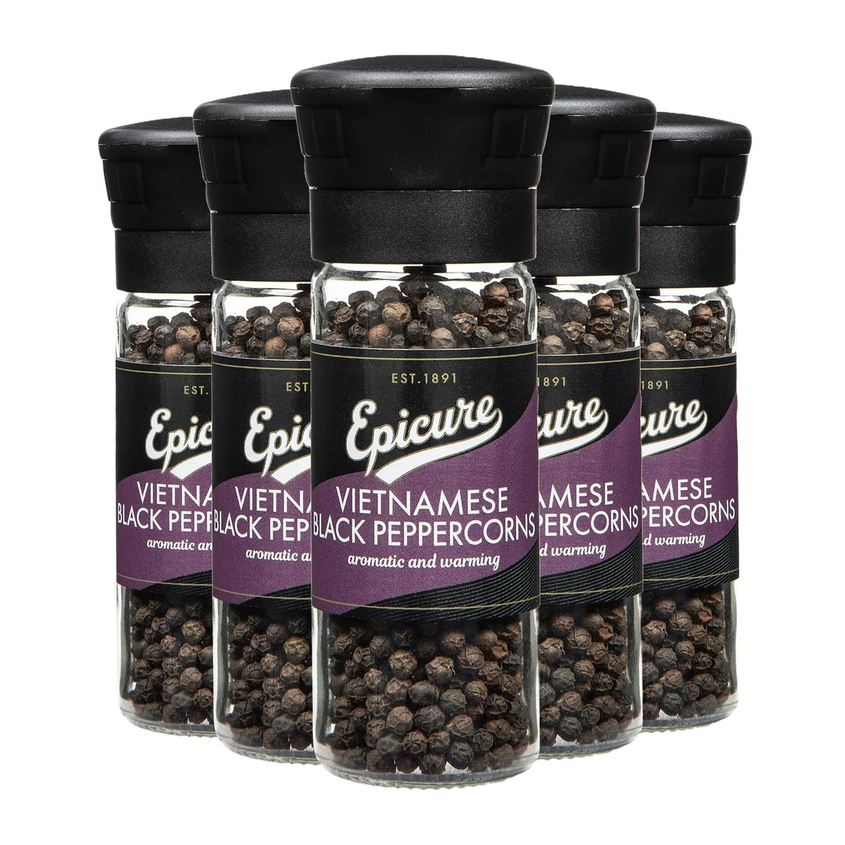 Epicure Vietnamese Black Peppercorns - 50g Grinders (Pack of 6) | Whole Peppercorns | Fresh Aroma & Flavor