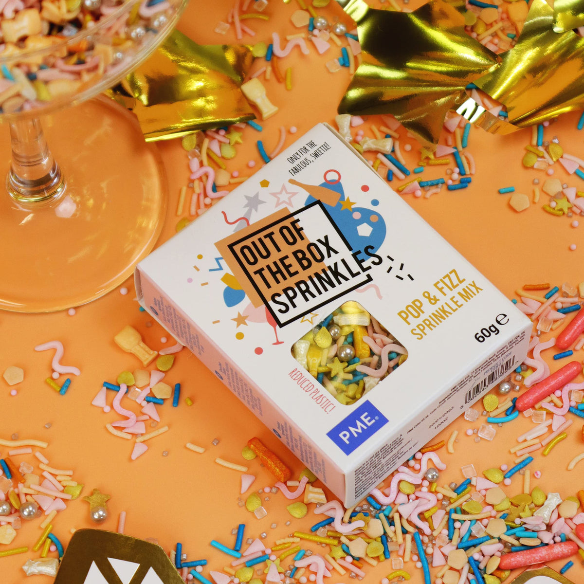 PME Pop & Fizz Sprinkle Mix - 60g Box | Gold, Nude, Blue Tones | Sugar Strands, Stars, Bottles & More 4