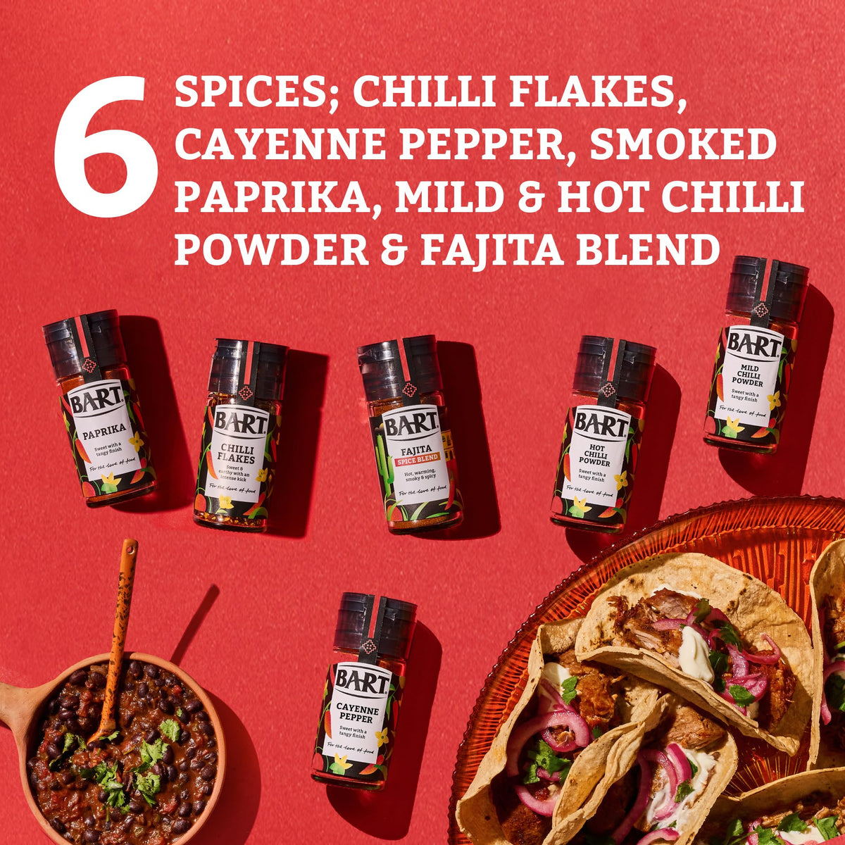 BART Latin American Spice Collection - Cayenne Pepper, Chilli Flakes, Sweet Smoked Paprika, Mild Chilli Powder, Hot Chilli Powder, Fajita Spice Blend 2