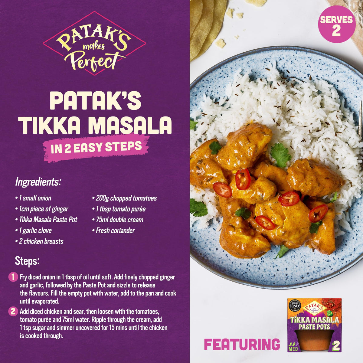 Patak's Tikka Masala Curry Paste Pots - Medium Spice, Gluten Free, Vegan | 4 x 70g Pots 2