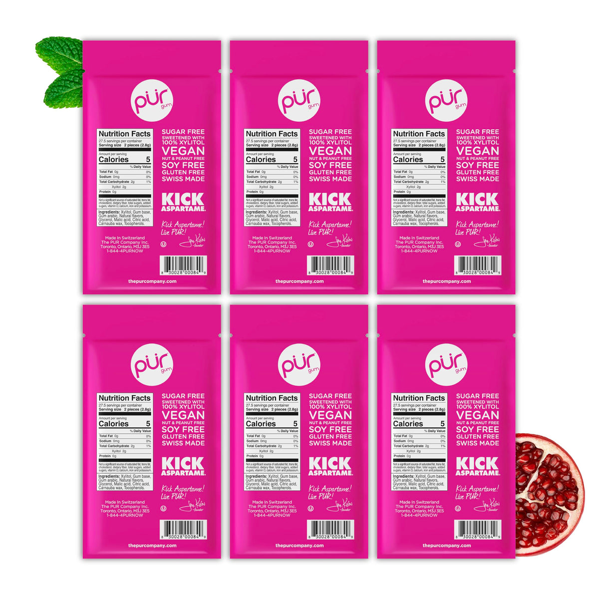 PUR Gum Pomegranate Mint Sugar Free Chewing Gum - Xylitol Sweetened, Vegan, Aspartame Free | 55 Count (Pack of 6) 3