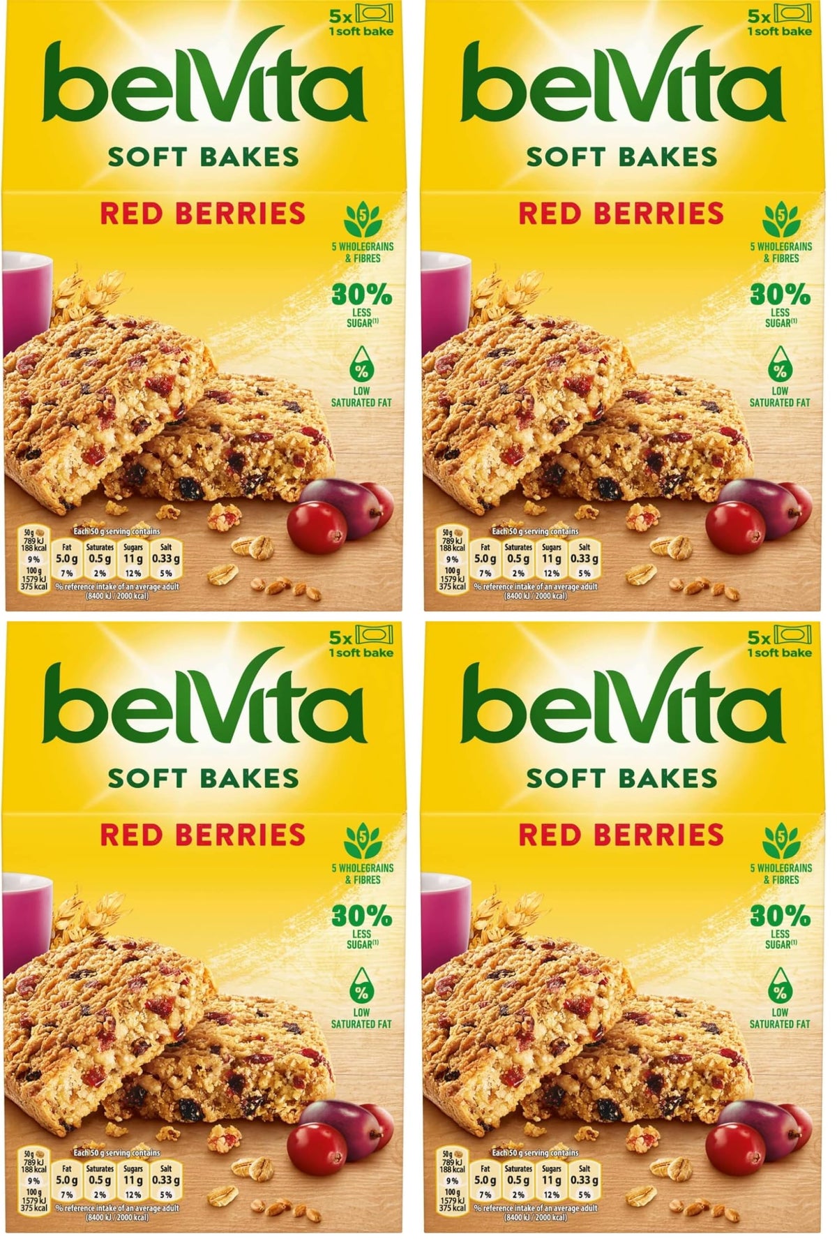 Belvita Breakfast Biscuits Soft Bakes Red Berries - 4 x 250g Packs | 5 Whole Grains | Sustained Energy