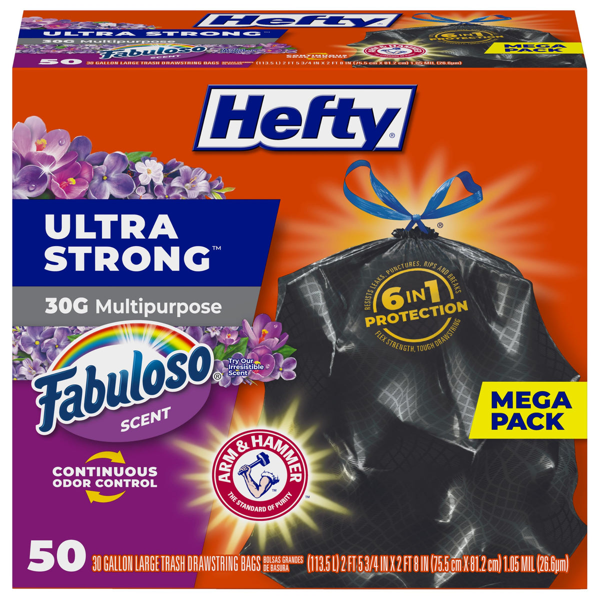 Hefty Ultra Strong 30 Gallon Trash Bags - 6-in-1 Protection, Fabuloso Scent, 50 Count