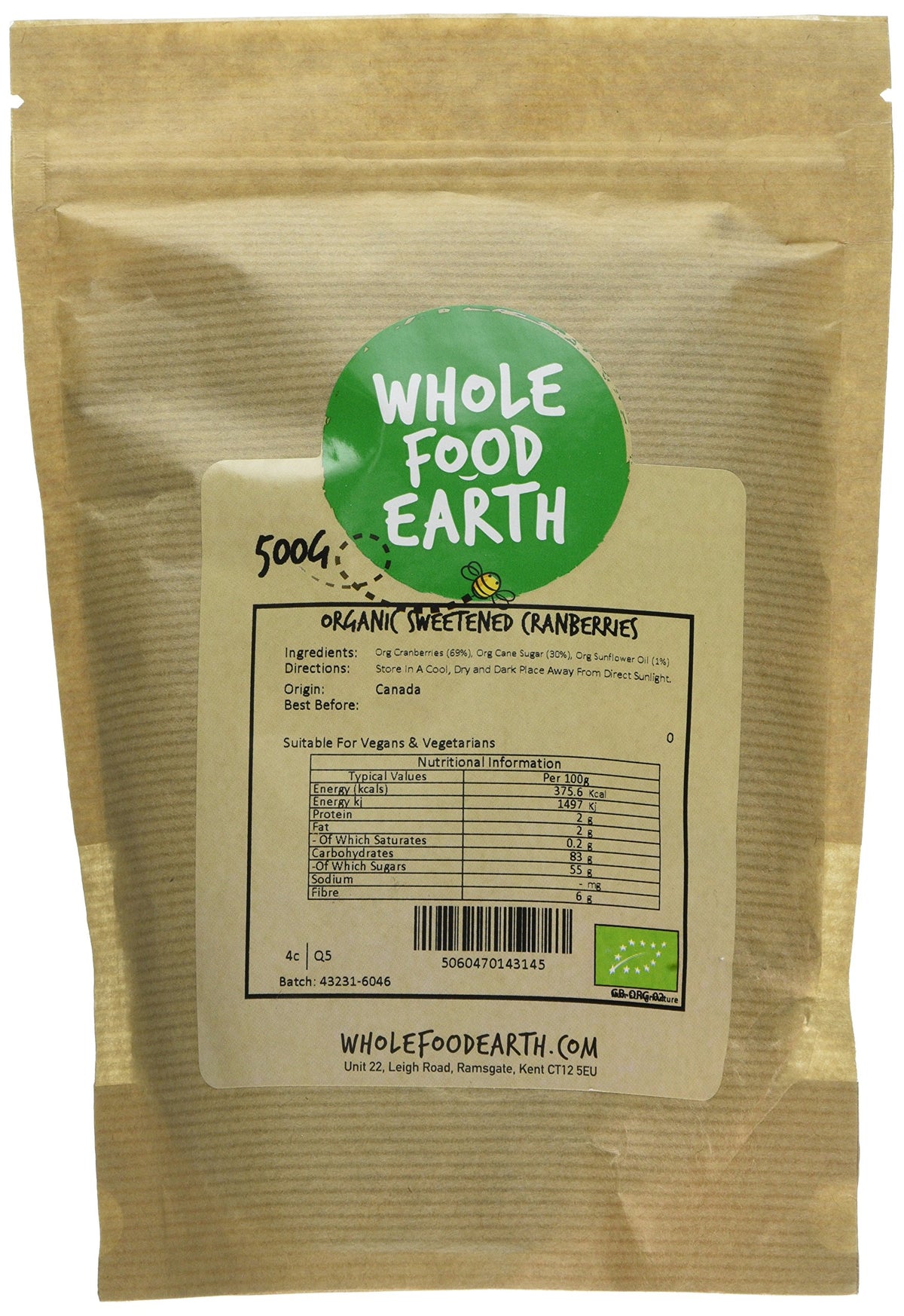 Wholefood Earth Organic Sweetened Dried Cranberries - 500g | GMO Free