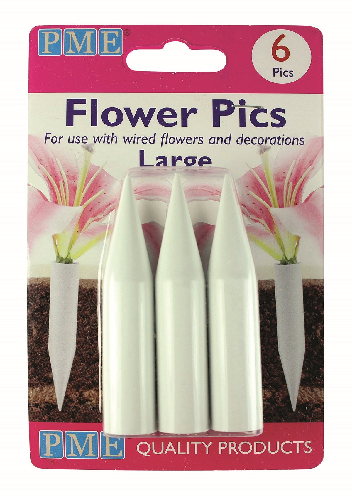 PME Large Flower Pics - Pack of 6 | White ABS Plastic | 70 x 14 mm