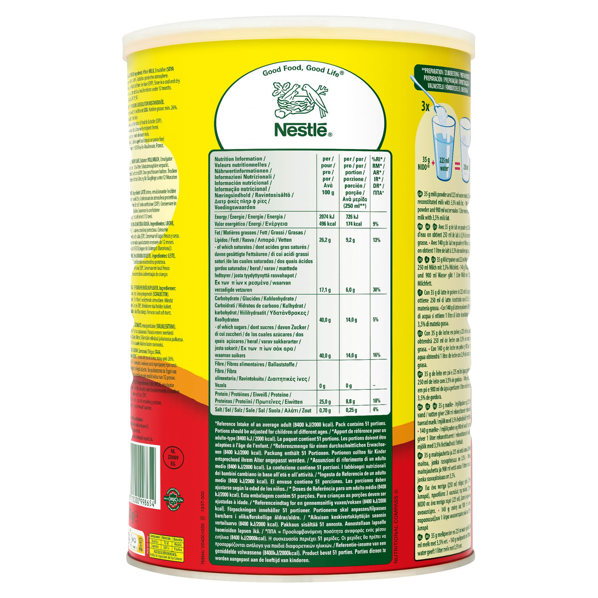 Nido Full Cream Milk Powder - 1.8kg Tin | High Protein | Creamy Taste