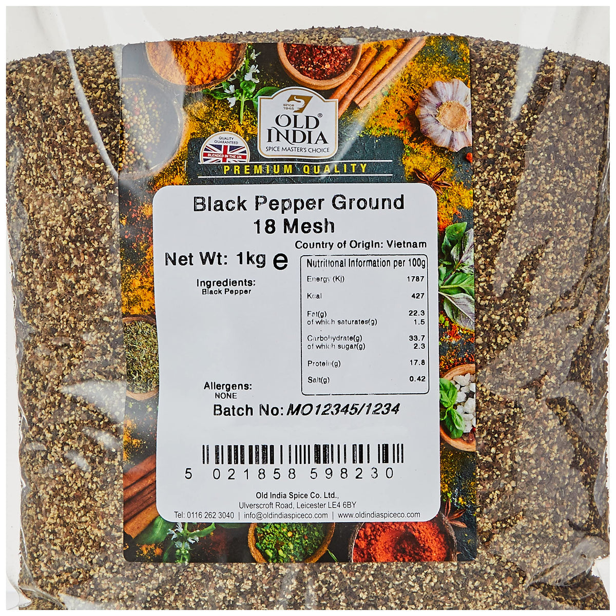 Old India Ground Black Pepper - 1kg Bag | 18 Mesh Grind | Natural & Additive-Free