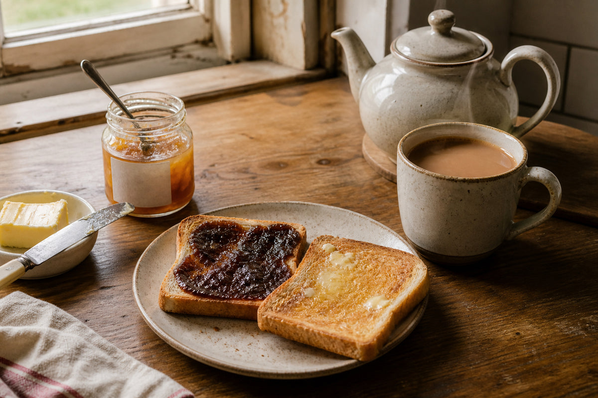 A British breakfast of toast, spread and a mug of tea