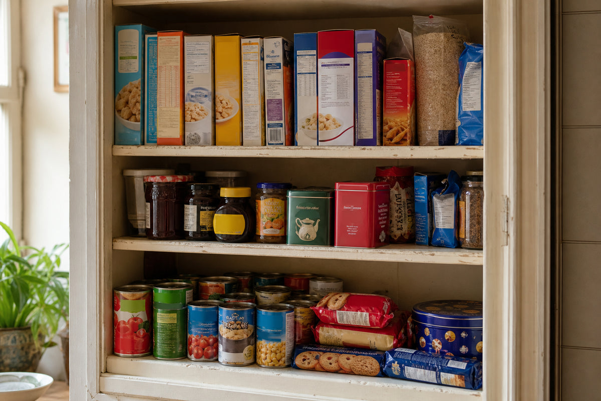 A British larder shelf stocked with everyday grocery packaging