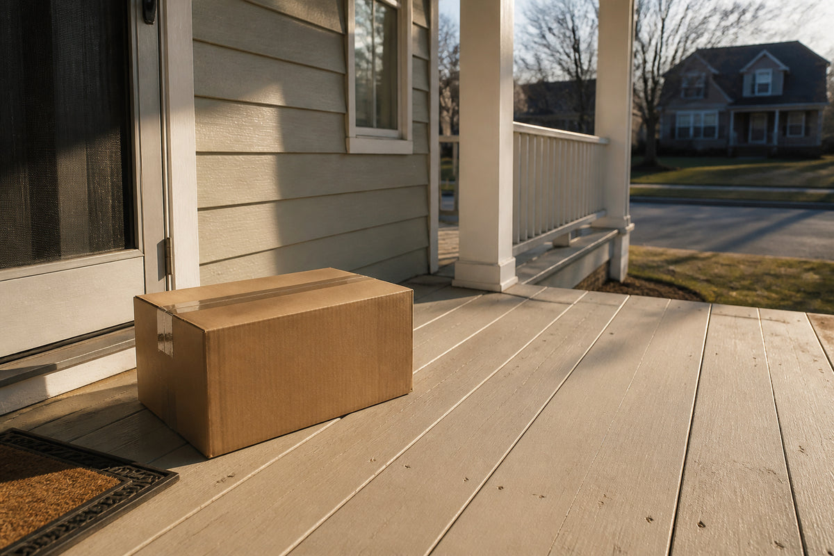 A parcel from the UK arriving on a sunlit doorstep abroad