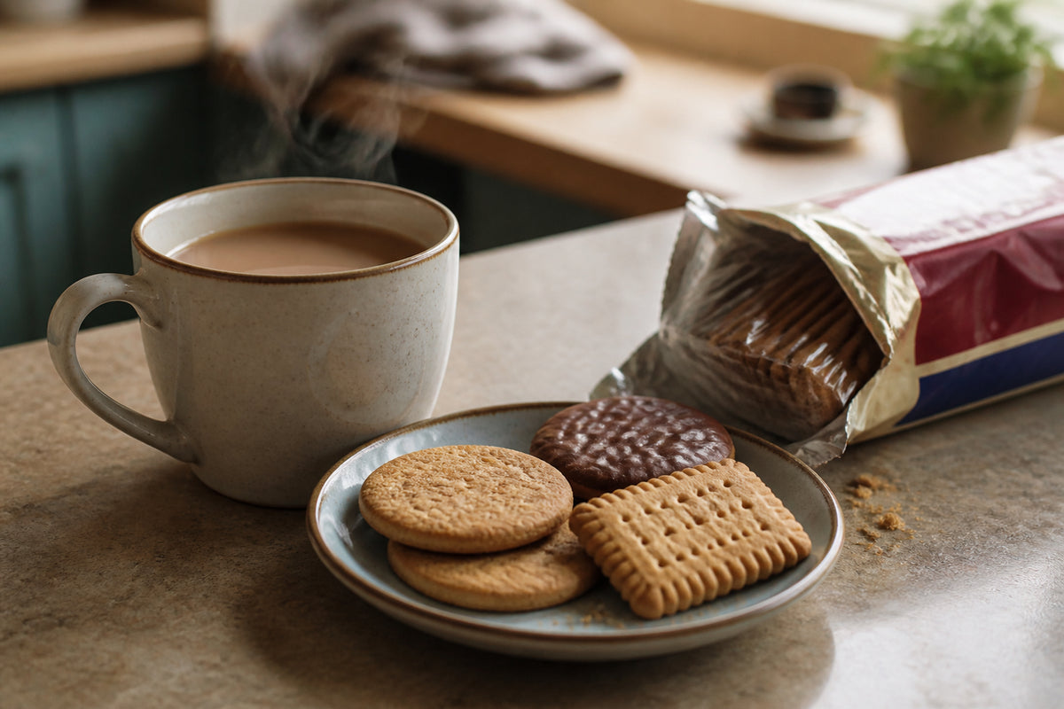 A mug of tea beside a plate of British biscuits